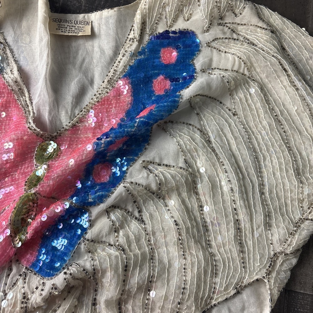 Vintage Butterfly Beaded & Sequins Queen Top Made In India Party Shirt Silk M/L - Picture 12 of 13